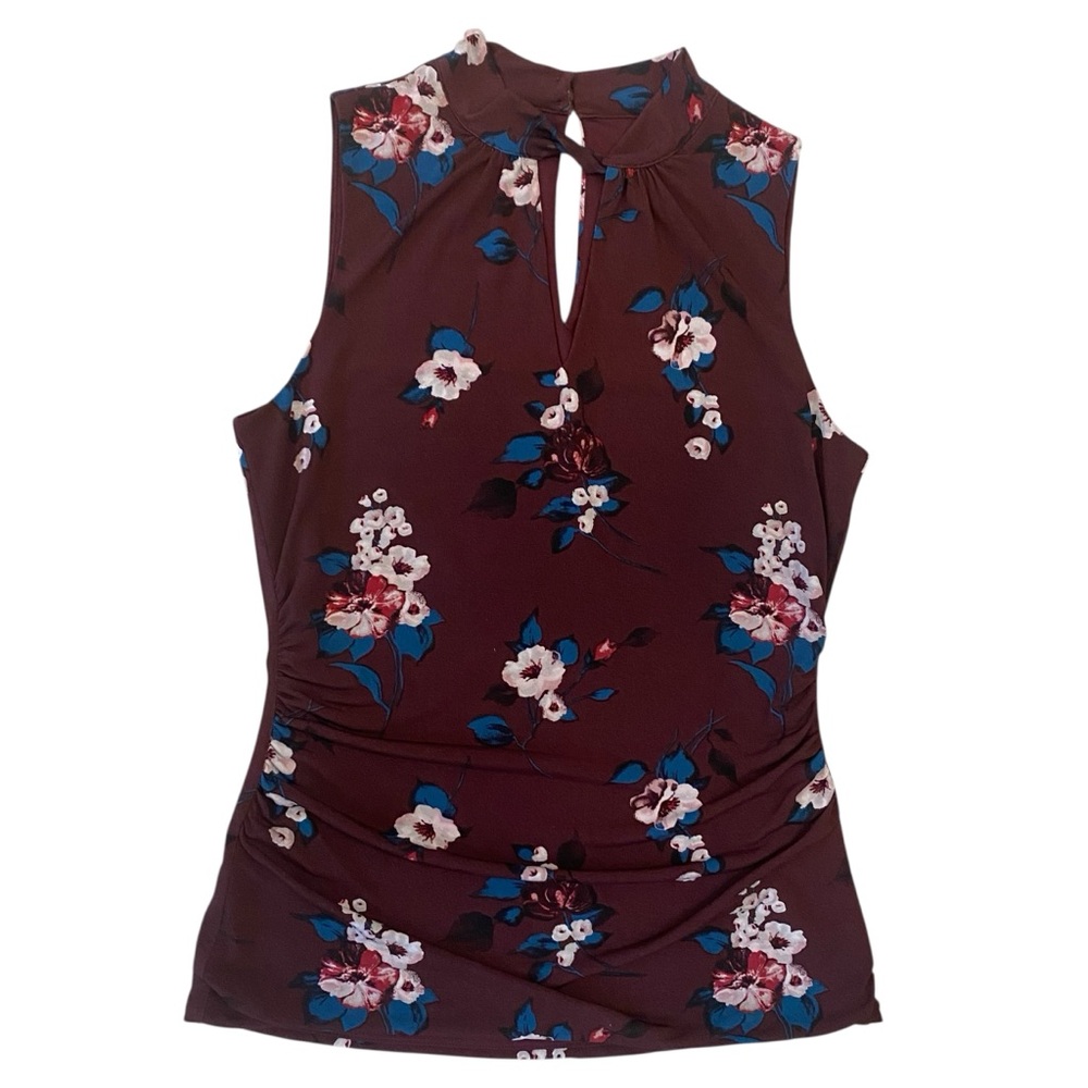 White House Black Market Floral Sleeveless Keyhole Top - Burgundy & Blue Small